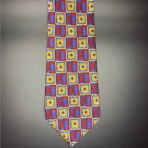 Fumagalli’s Italy Silk Tie Blue Red Yellow Geometric Squares Luxury Mens Neck EU